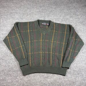 New River For J Riggins Mens Green Plaid Cable Knit V-Neck Sweater Size L